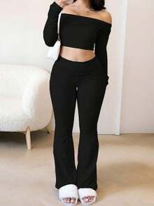 2-Piece Set (Two Items In One Set) - Women's Off-Shoulder Long-Sleeved Halter Top And Fitted Flared Pants, In Solid Color. - Black - View 3