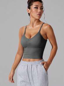 1 chiếc áo bra thể thao dáng ngắn ôm sát lưng, có dây chéo điều chỉnh được dành cho nữ, kiểu racerback. - Màu xám đen - Xem 2