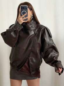 Women's Black PU Leather Jacket, Long Sleeve Zip-Up Bomber Jacket, Autumn/Winter Outerwear, Street Style - Chocolate Brown - View 3