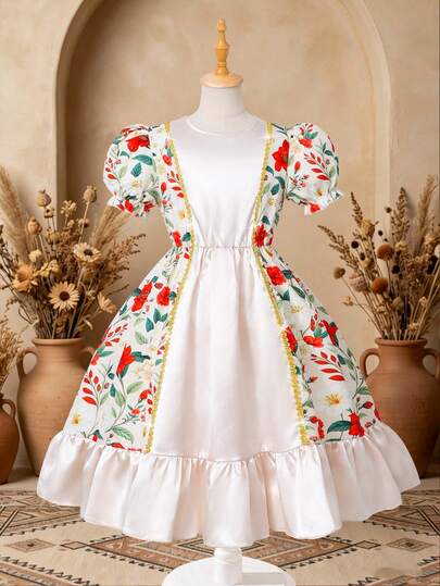 Girls Floral Print Patchwork Gold Lace Trim Casual Dress, Spring/Summer