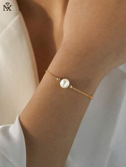 SYMFNY 1pc 925 Sterling Silver Minimalist 1 Natural Pearl Bracelet, Versatile For Everyday Wear, Suitable For Women