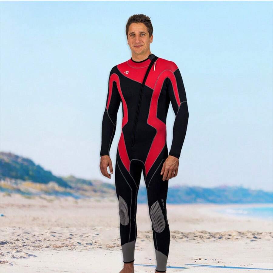 3mm Neoprene Wetsuit, Unisex Warm Diving Suit; Men's Front Zip Surfing Wetsuit; Women's One-Piece Thermal Swimsuit - Red - View 1