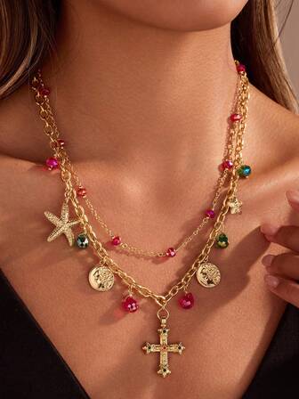 1 pieza Collar largo de cruz de cobre vintage de alta calidad, gargantilla con garra de gato en capas, artículo de moda versátil adecuado para fiesta, regalo, uso diario, vacaciones, regalo del Día de San Valentín para mujeres, empaquetado en bolsa de terciopelo