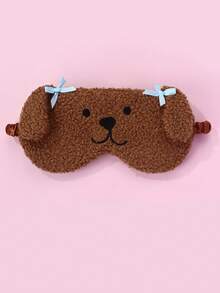 1pc Girls' Brown Puppy Polyester Plush Eye Mask With Black Embroidered Eyes And Mouth, Cute Elastic Sleeping Mask For Everyday Use - Brown - View 2