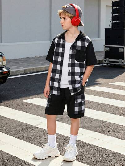 2pcs/Set Boys' Plaid Print Hooded Shirt & Shorts, Casual Outdoor Sports School Daily Wear Retro Style Outfit