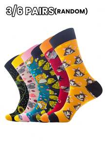 3/6 pares de calcetines unisex con patrones de animales de dibujos animados, queso, girasol, lindos y de moda, versátiles para uso casual, deportivo, de calle, suaves y transpirables, aptos para todas las estaciones