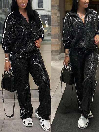 两件套 - 优雅精致的派对套装，长袖外套搭配直筒裤，魅力十足的休闲亮片条纹西装，适合情人节、新年活动、派对等场合 - 黑色春季款