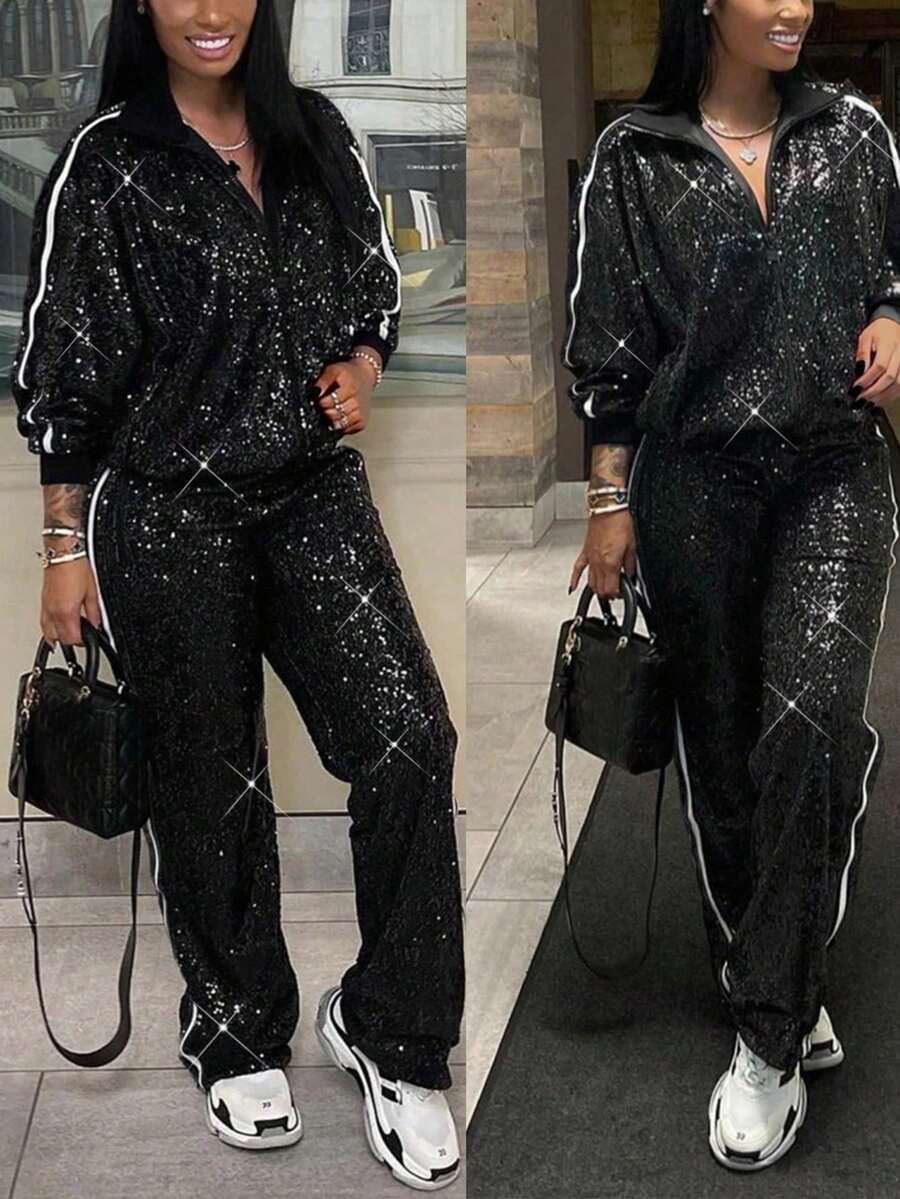 两件套 - 优雅精致的派对套装，长袖外套搭配直筒裤，魅力十足的休闲亮片条纹西装，适合情人节、新年活动、派对等场合 - 黑色春季款