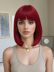 热销红色短直波波头假发，12英寸，带刘海，逼真头皮设计，轻盈合成假发，完美适用于女性日常时尚穿搭、节日装扮、派对造型（万圣节、圣诞节、角色扮演），以及Y2K冬季休闲街头风。 - 紅色 - 查看 2