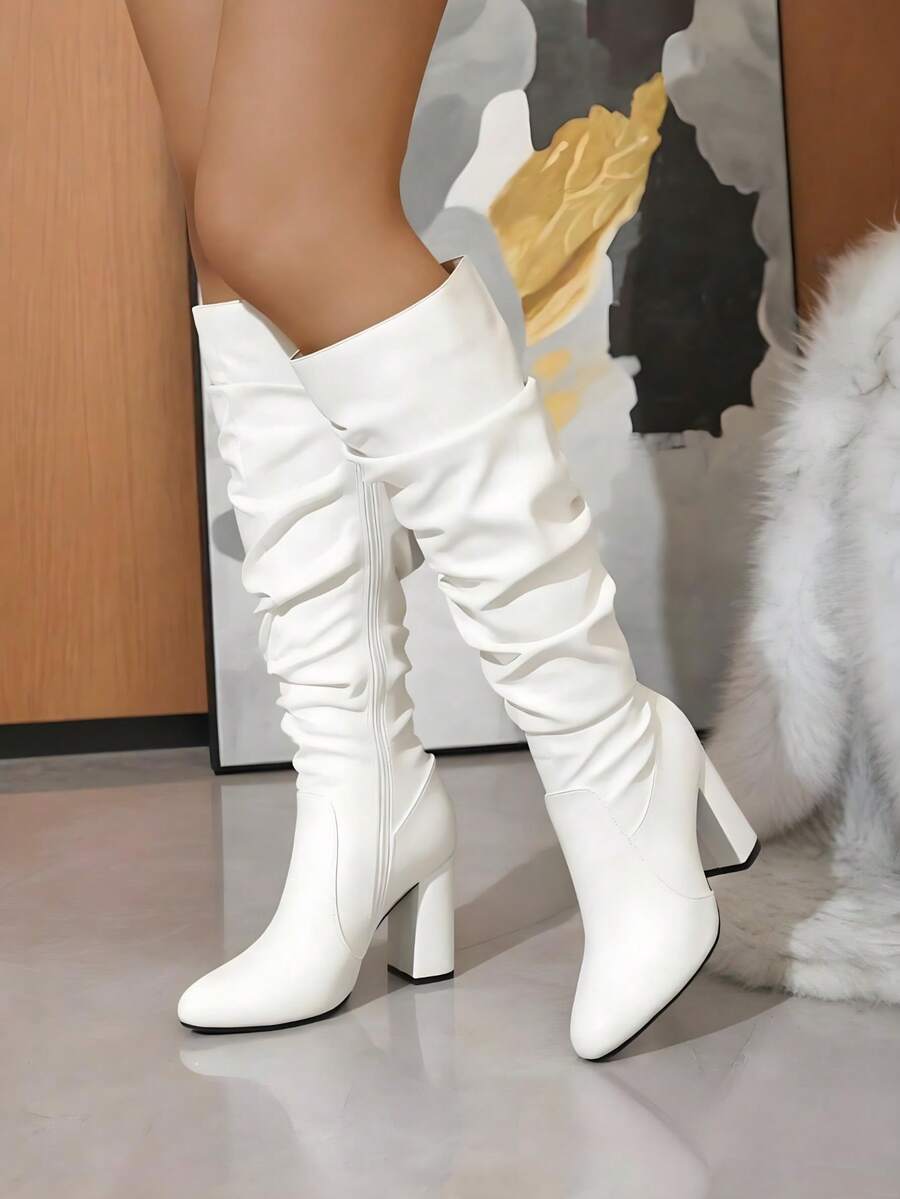 女士白色尖头粗跟过膝长靴，淑女范儿十足，休闲舒适，修长版型，约会/外出百搭 - 白色 - 查看 1