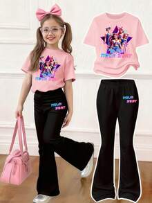 Young Girl Casual Daily Commute Fashion Street K-Pop Girl Group Ombre Letter Print Short Sleeve T-Shirt And Flare Pants Set, Spring/Summer/Autumn - Pink - View 1