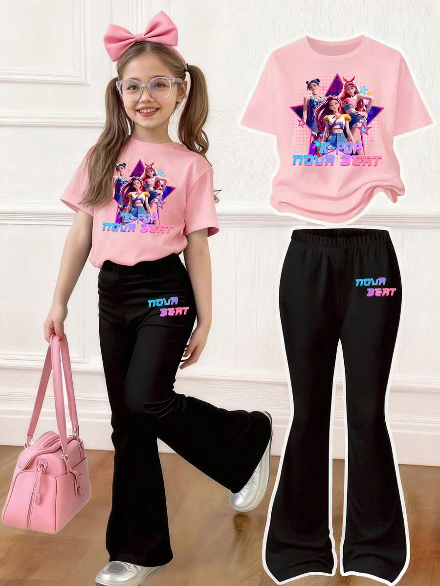 Young Girl Casual Daily Commute Fashion Street K-Pop Girl Group Ombre Letter Print Short Sleeve T-Shirt And Flare Pants Set, Spring/Summer/Autumn - Pink - View 1