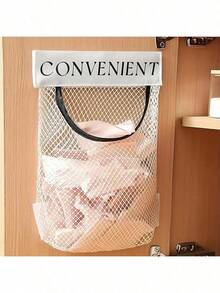 1pcs Space-Saving Reusable Mesh Bag, Self-Adhesive Wall Mounted Plastic Bag Holder - Non , Storage Dispenser For Kitchen Bedroom Cupboard Closet, Kitchen Organizers And Storage, Small Sundries Holder, Home Kitchen Accessories - Beige-1 Pcs - View 5