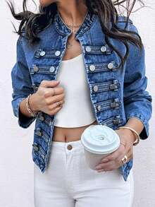 Women's Fashionable Stand-Collar Short Denim Jacket With Double-Breasted Front Design, Classic Washed-Blue Casual Denim Coat, Suitable For Spring And Autumn Seasons As Well As Various Occasions - Màu xanh lam - Xem 2