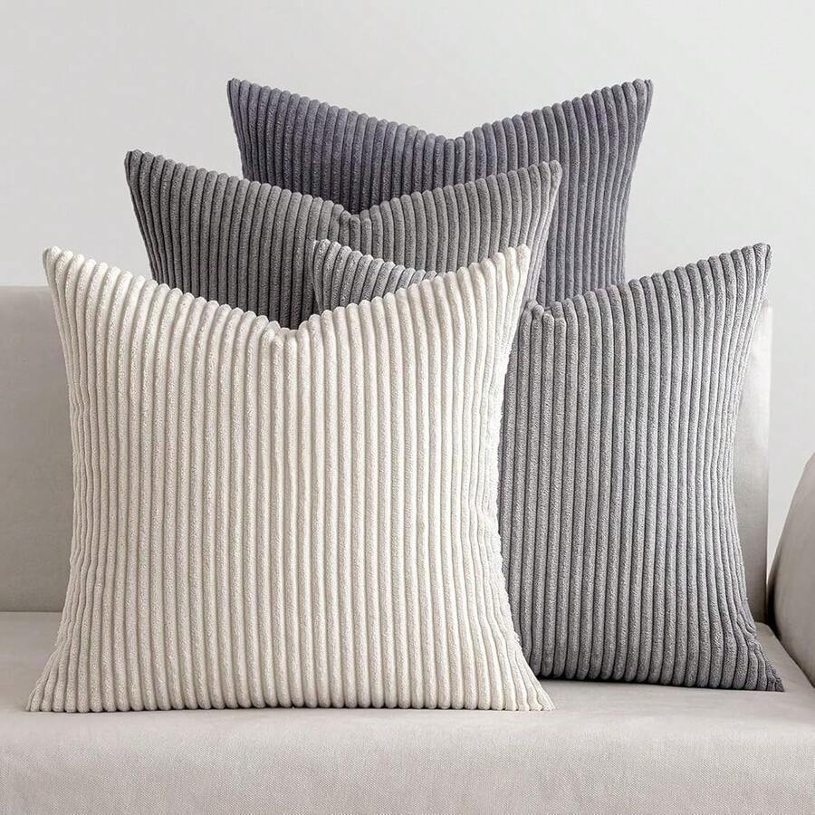 [Free Shipping]MIULEE Pack Of 4 Neutral Grey Gradient Decorative Throw Pillow Covers 18x18 Inch Soft Boho Striped Corduroy Pillow Covers Modern Farmhouse Home Decor For Sofa Living Room Couch Bed - 中性灰 18吋 x 18吋 4件裝 - 查看 1