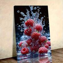 Vibrant Raspberries With Splashing Water Canvas Art - 2D Flat Painting, Solid Wood Frame, Modern Wall Decor For Living Room, Kitchen, Or Dining Area, Kitchen Artwork | Dynamic Composition | Highquality Print, Raspberries Kitchen Decor - 西瓜粉 - 查看 3
