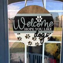 1个2D平面木质印刷狗爪印木牌，可爱悬挂装饰，适用于客厅、农舍、前门入口 - 彩色 - 查看 3