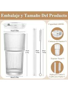 Taza de vidrio con Tapa y Pajita,Juego de Tazas de Café de ,Juego Moderno de Taza de Café Exquisita,Apto Tanto para Frío Como para Calor para Cerveza,Whisky,Capuchino,Té,Leche,Cola - 1 artículo - Ver 2