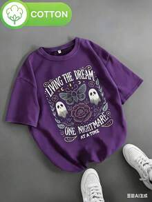Women's Retro Gothic Halloween T-Shirt - Fantasy Ghost Pattern Short Sleeve Shirt - Black Retro Top With Ghosts, Roses, And Nightmare Quotes - Lightweight Summer Theme Party Casual Wear, Fun Aesthetics, Breathable Fabric, Unique Fashion, Alternative  - Unisex Plus Size Top - 紫色 - 查看 3