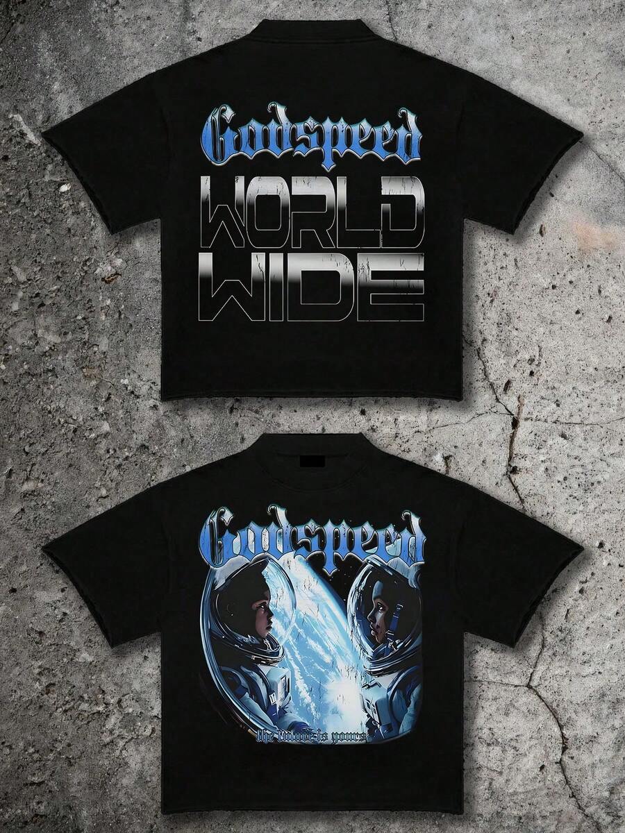 T-Shirt World Wide Printing Y2k Style Printing Boys' Summer Round Neck Short Sleeved Casual - 黑色 - 查看 1