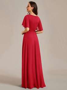 Elegant V-Neck Embroidered Ruffle Sleeve Pleated Chiffon Bridesmaid Dress, Formal Dress, Wedding Guest Dress - Red - View 3