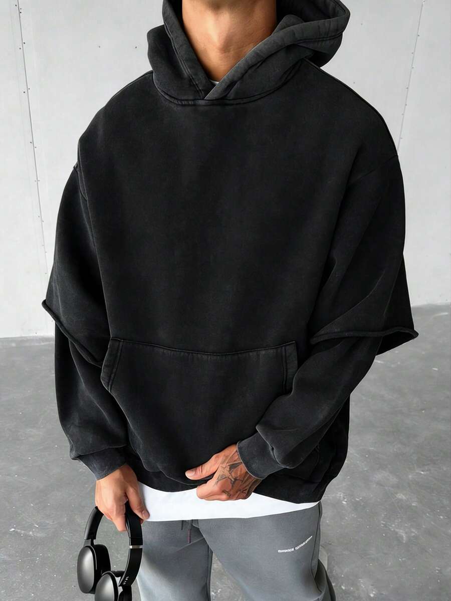男士复古水洗休闲时尚二合一连帽衫，街头风格，年轻街头服饰，冬季 - 黑色 - 查看 1