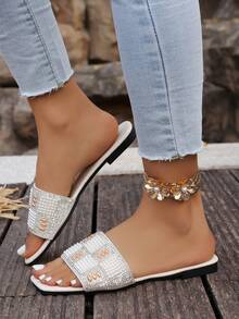Elegant Pearly Gold Decor White Base Flat Slide Sandals For Girls, Refined Lady Style - Beige - View 5