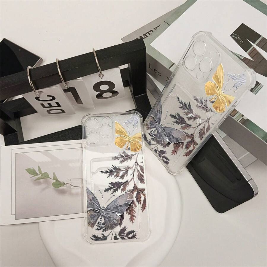 Funda de teléfono con ranura para tarjetas, protección de lente de precisión transparente con borde dorado de cristal, moderna y sencilla, puede acomodar tarjetas de identificación/bancarias/portatarjetas/fotos, adecuada para modelos de la serie Apple  16 15 14 13 12 11 X XS XR Plus Pro Pro Max SE TTRB - Colores mixtos - Ver 1