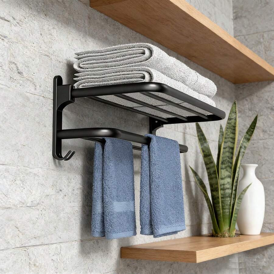 1 Pc Bathroom Towel Rack, No-Drill Wall Mounted Towel Holder, Foldable Bathroom Storage Shelf, Bathroom Accessories, Room Decor - Multicolor - View 1
