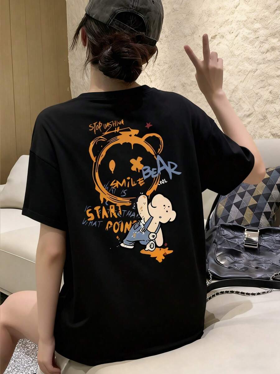 女士休闲圆领宽松纯棉T恤，字母和小熊印花，适合春夏穿着 - 黑色 - 查看 1