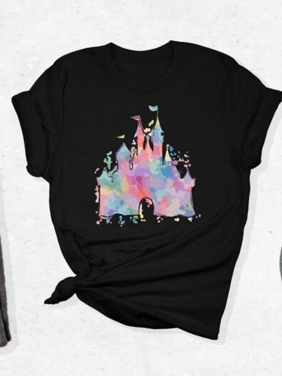 Castle T-Shirt, Family Shirt, Vacation Tee, Disneyland Outfit, Watercolor Tee, Trip Tee, Disneywor - Black - View 1