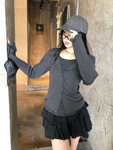 韩版撞色二合一圆领条纹拼布开衫，修身长袖上衣 - 灰色 - 查看 8