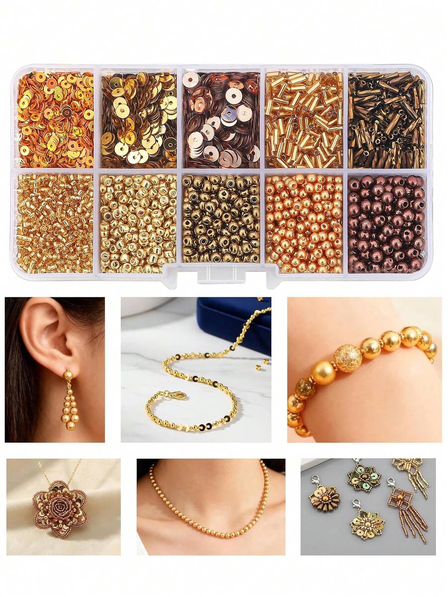 Glass Seed Beads Tube Beads Set, 10 Types Assorted Glass Beads With Sequins For Jewelry Making, Seed Bead Kit For DIY Bracelets, Necklaces, Waist Bead Making Kit Craft Supplies - Vàng - Xem 1