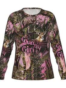 Women'S 3D Printed Long-Sleeve T-Shirt - Pink Camouflage & Deer Hunting Graphic With "Country " Text, Machine Washable All-Season Casual Round Neck Top  Suitable For Daily Wear, Casual Matching, And Layering, Comfortable Casual Shirt, A Casual Holiday Top That Can Be Worn All Year Round, Suitable For Camping Or Hiking - 白色 - 查看 2