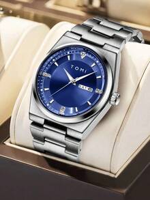 TOMI Men's Watch With Crown Brooch, Ring, Disassembly Tool, Minimalist Design, Round Dial With Diamonds, Zinc Alloy Strap, Quartz Movement, Gift Box, Suitable For Daily Life, Business Events, Father's Day, Valentine's Day, Christmas - Silver - View 5