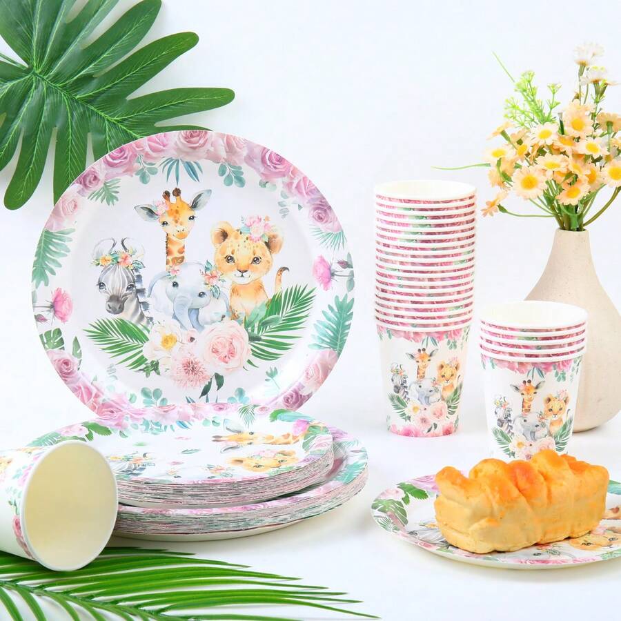Conjunto Descartável de Utensílios de Mesa com Estampa Floral Animal Rosa, Pratos de 7/9 Polegadas, Pratos e Copos de Papel Descartáveis Adequados para Feriados, Casamentos, Noivados, Aniversários, Festas, Eventos Comemorativos - Multicolorido - Visão 1