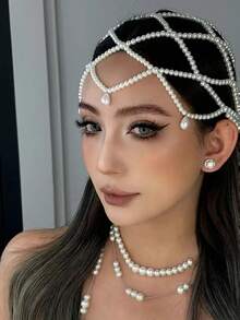 一件复古法式欧式珍珠串珠头饰，新娘异域风情婚礼发饰，水滴吊坠发箍，适合婚礼摄影、下午茶、浪漫晚餐、情人节装扮 - 彩色 - 查看 1
