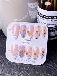 10pcs Handmade Press-On Nails, Acrylic Press-On Nails, Short Nails, False Nails, New Year Nails, Nail Art Set, French Manicure, Cute Nails, Y2K Nails, Almond Shaped Nails, White Nails, Pink Nails, Purple Nails, Gold Nails - White - View 6