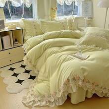 Chic Flowers Lace Bedding Set,3 Piece French Princess Style Comforter Duvet Cover Set(1 Queen Duvet Cover 90x90 Inch, 2 Pillowcases) Aesthetic Bedding For Romantic French Wedding - 青檸色 - 查看 2