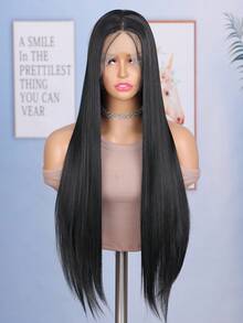 13*6 Soft 26 Inch 180% Density Black Synthetic Fiber Lace Front Wig, With Baby Hair, No Glue Needed, Heat Resistant & Breathable, Synthetic Fiber Material, Natural Hairline, Free Parting, Suitable For Party And Daily Wear
