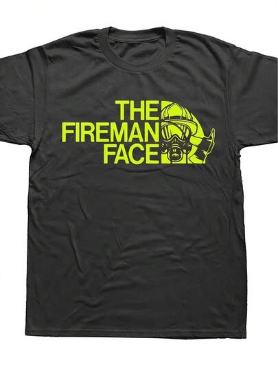 Camiseta gráfica de cara de bombero divertida para hombres - Negra con impresión verde neón. Camiseta transpirable de ajuste regular. Lavable aáquina, comodidad para todas las estaciones. Ropa casual de calle de manga corta con cuello redondo, humorística para estilo urbano; amantes del humor. Camisa de Ajuste Cómodo