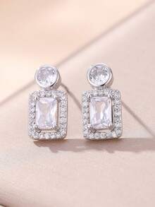 1 Pair Fashionable Minimalist Elegant Cubic Zirconia Women's Earrings, Gold/Silver Plated, Rectangular & Round Crystal Design, Suitable For Daily Wear, Valentine's Day Gift, Ramadan Distribution, Ramadan Dishes, Eid Al-Fitr Gift, Eid Al-Fitr Giveaway - Earrings - View 7