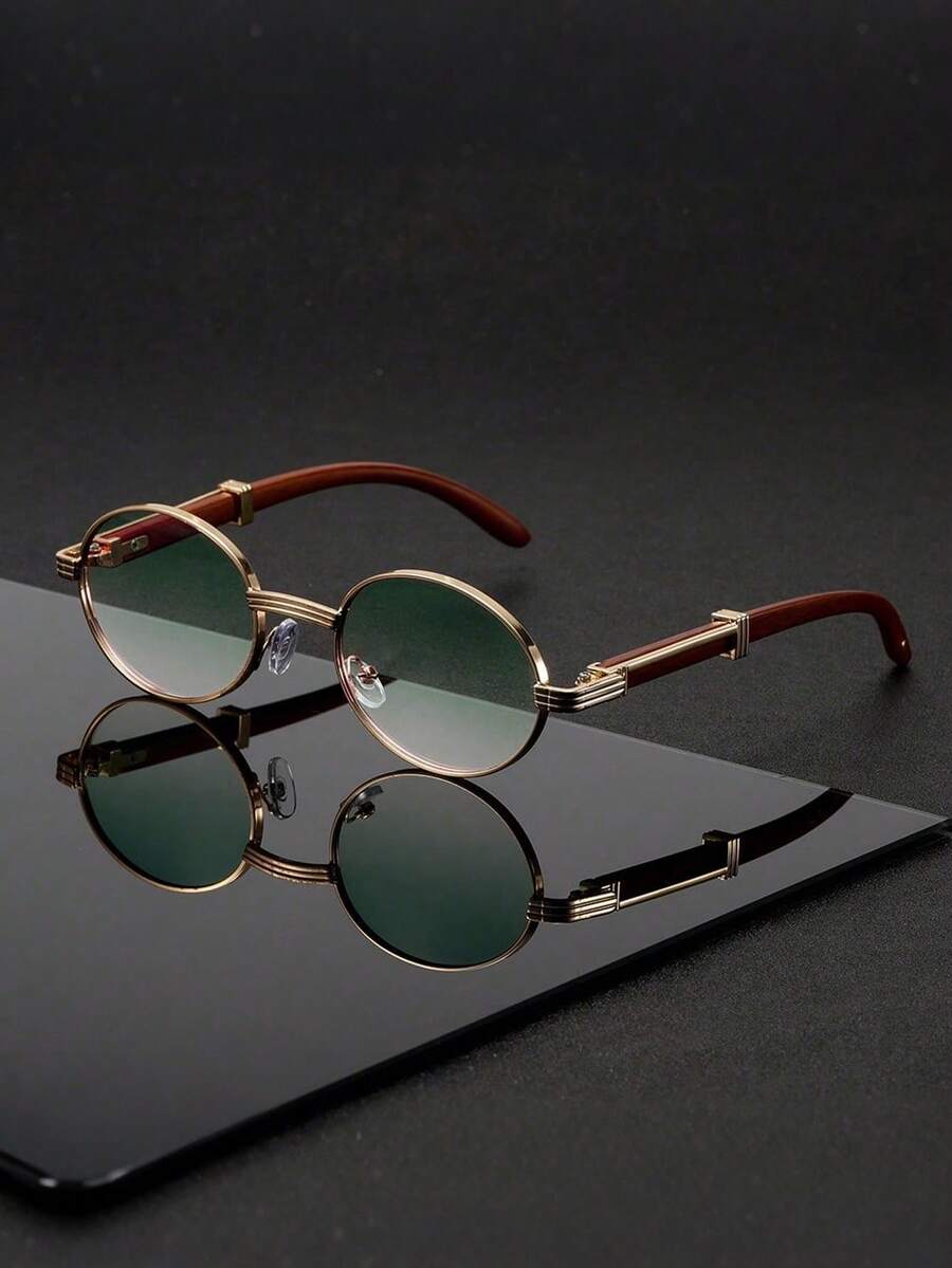 复古椭圆形眼镜，仿木纹镜腿，男女通用，适合户外旅行和度假 - 彩色 - 查看 1