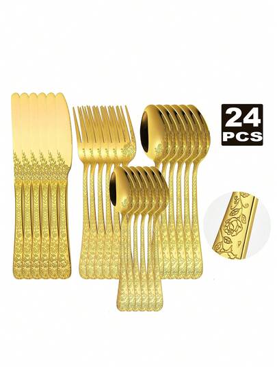 4/16/24pcs Stainless Steel Cutlery Set, Dinner Knife, Dinner Spoon, Dinner Fork, Dessert Spoon, Suitable For Kitchen, Dining Room, Buffet, Ramadan Gift, Engraved Handle Design