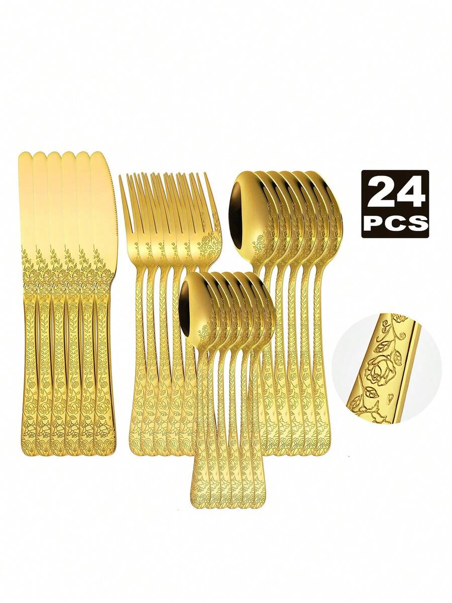 4/16/24件套不锈钢餐具套装，包括餐刀、餐勺、餐叉和甜点勺，适用于厨房、餐厅、自助餐，也可作为斋月礼物，手柄刻有精美图案。 - 金色 - 查看 1