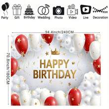 1pc Red, White, And Gold Balloon Happy Birthday Backdrop Banner Star And Crown Pattern Design With Ribbon Suitable For Birthday Parties, Cake Smashing Backgrounds, Photography Props Vinyl Material