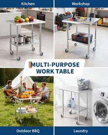 Huisuilinss Stainless Steel Prep Table,Stainless Steel Table With Wheels,Commercial Kitchen Worktable With Adjustable Undershelf,Metal Food Prep Table For Restaurant Garage Hotels Outdoor Works - 30" - Ver 6