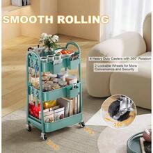 3 Tier Rolling Cart Metal With Wheels, Heavy Duty White Three Tiered Cart Organizer On Wheels, Utility Roller Storage Carts Art, Nursery, Diaper Caddy, Snack, Book, Nail, Cleaning Supplies - 自然綠色 + 三層 + 杯子 + 掛鉤 - 查看 5