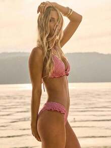 Summer Resort Vacation Beach Western Gingham Ruffle Bikini Set With Swim Bag - Yellow - View 5