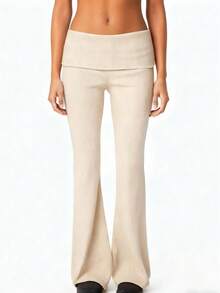 Women's Flared Pants Stylish Solid Color Ribbed Fold-Down Waist Design Casual Slim Fit Bell Bottoms - Champagne - View 1